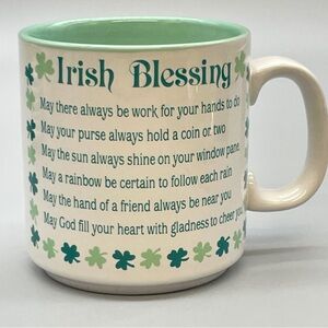 Traditional Irish Blessing Ceramic Mug Shamrock Accents Cream Green
